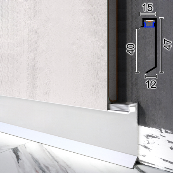 Вбудований плінтус з LED-підсвіткою для паркету Metal Plintus 40х15мм ...